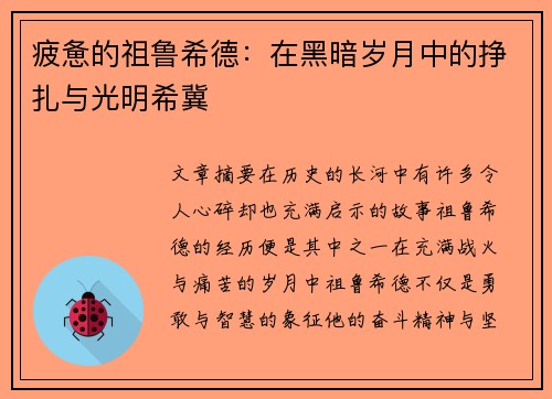 疲惫的祖鲁希德:在黑暗岁月中的挣扎与光明希冀 疲惫的祖鲁希德:在黑暗岁月中的挣扎与光明希冀